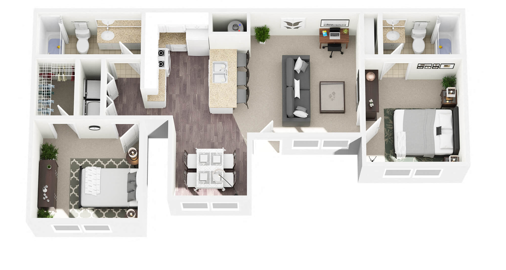 Floor plan for 2 beds, 2 baths, 980 sqft